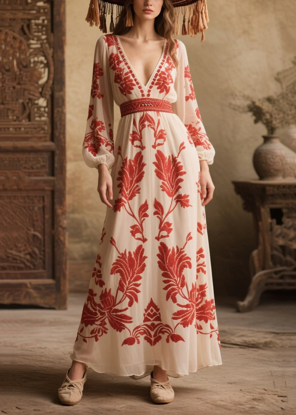 French White Print Exra Large Hem Chiffon Vacation Dresses Fall - Image 3