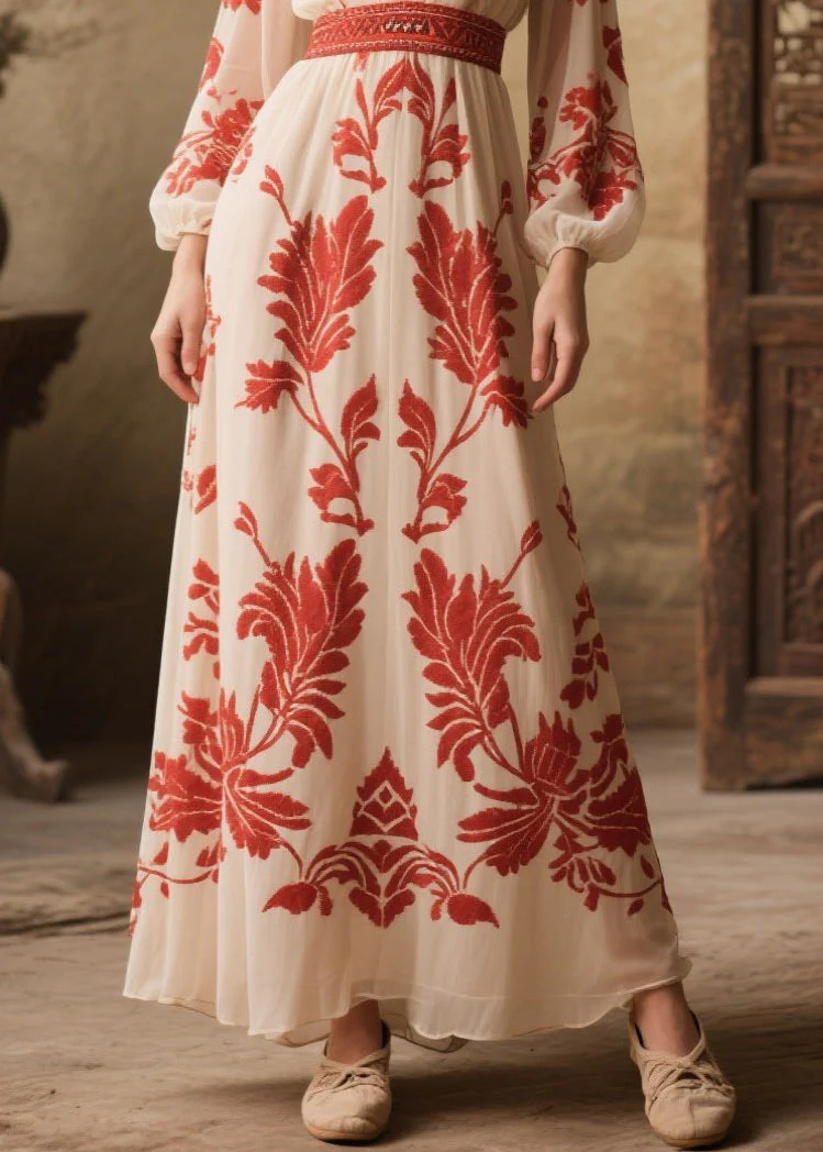 French White Print Exra Large Hem Chiffon Vacation Dresses Fall - Image 4