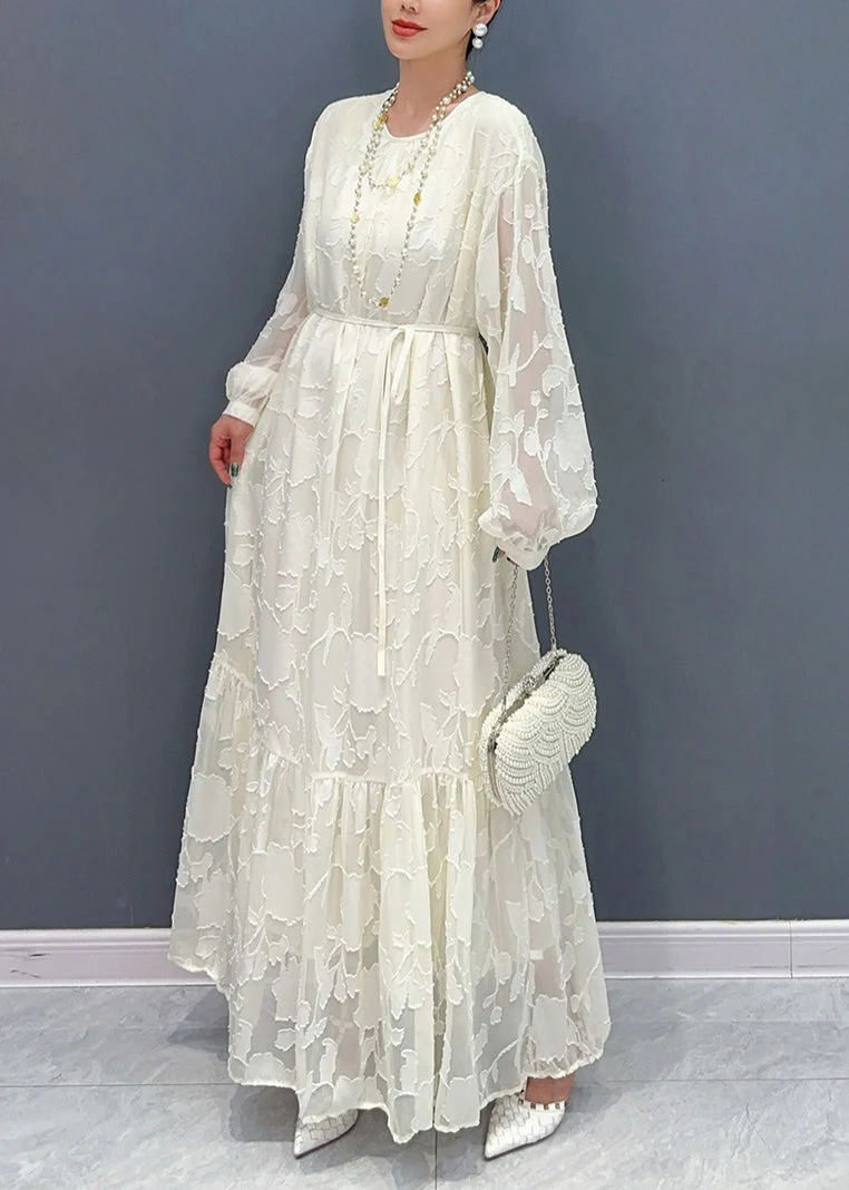 French White Print Patchwork Tulle Long Dress Fall - Image 2