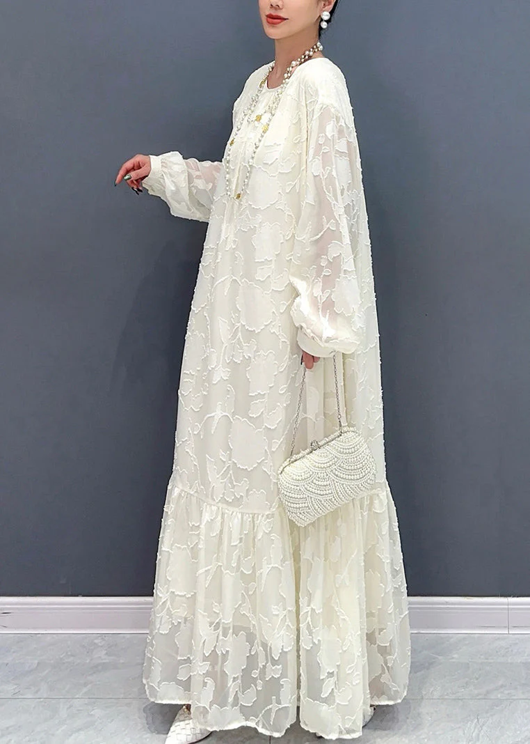 French White Print Patchwork Tulle Long Dress Fall - Image 3