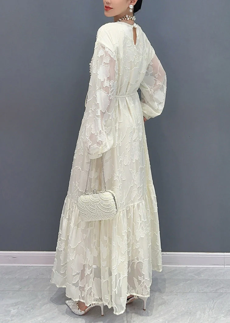 French White Print Patchwork Tulle Long Dress Fall - Image 4