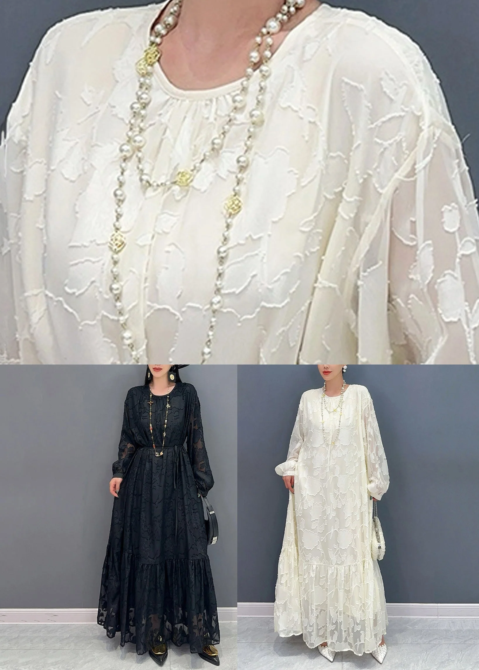 French White Print Patchwork Tulle Long Dress Fall - Image 5