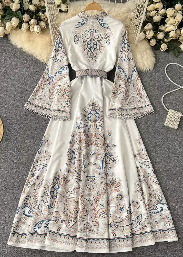 French White Print Sashes Cotton Shirts Dress Flare Sleeve - Image 3