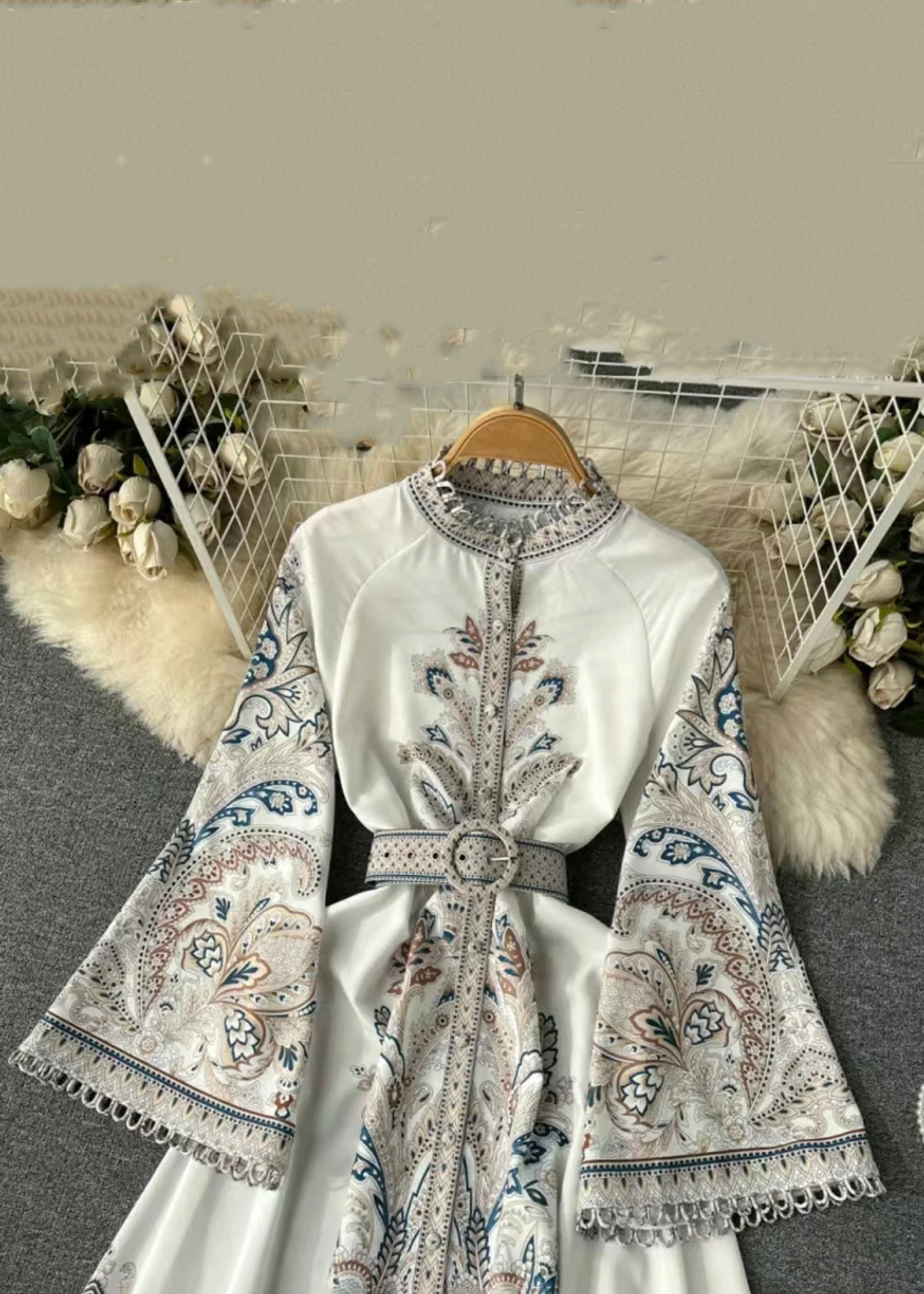 French White Print Sashes Cotton Shirts Dress Flare Sleeve - Image 4