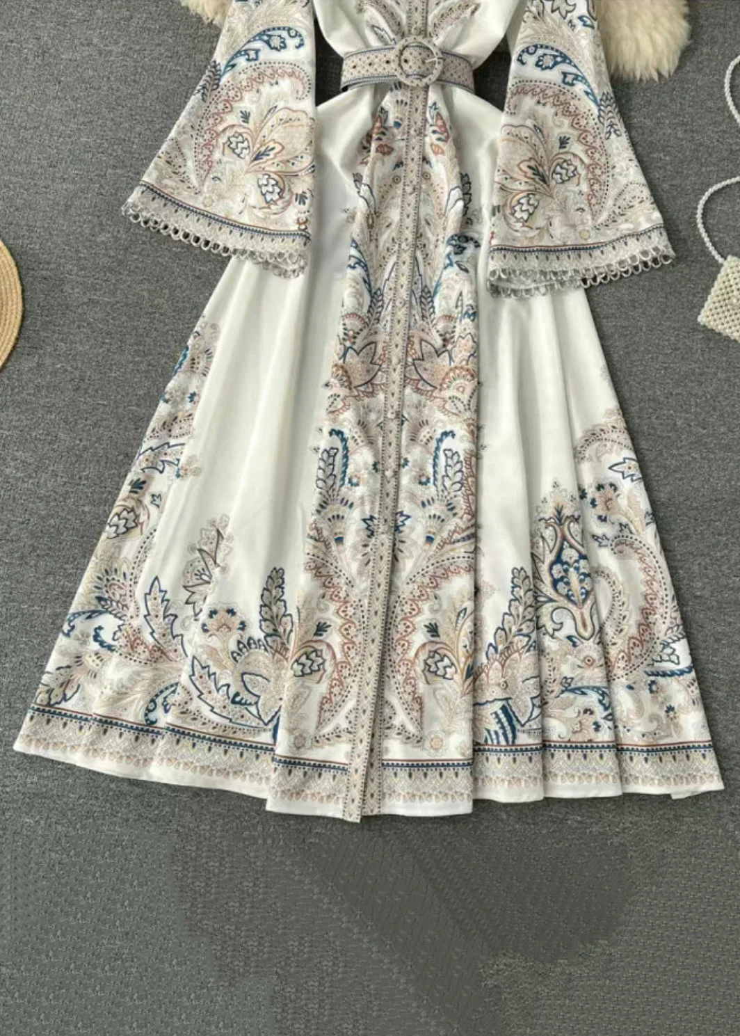 French White Print Sashes Cotton Shirts Dress Flare Sleeve - Image 5