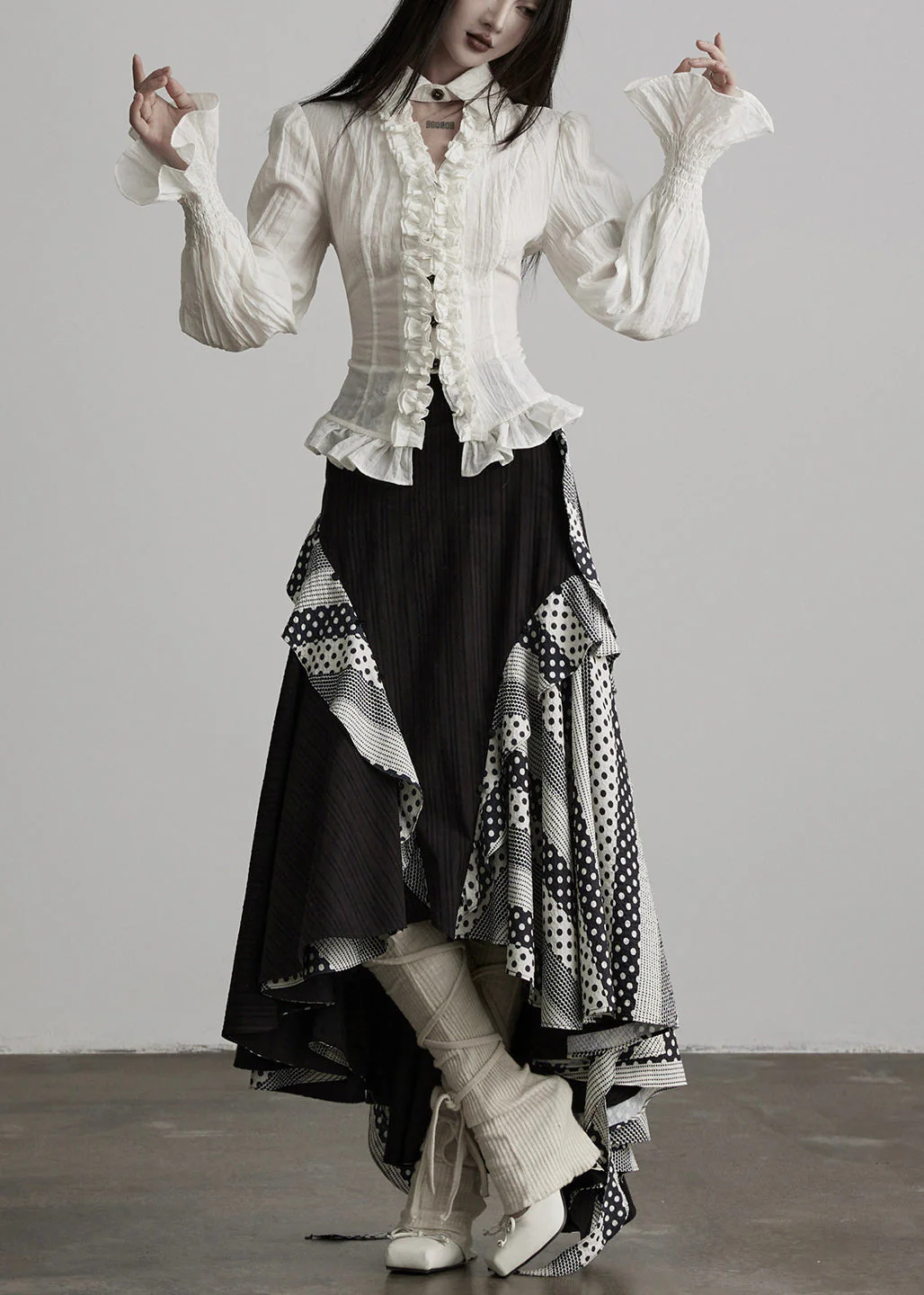 French White Ruffled Cinched Cotton Shirt Top Spring - Image 3