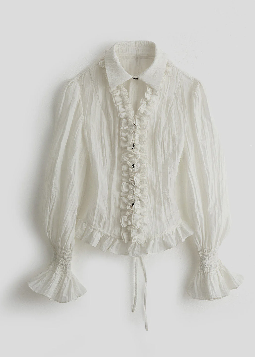 French White Ruffled Cinched Cotton Shirt Top Spring - Image 5