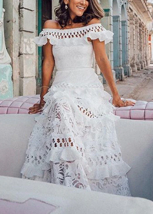 French White Ruffled Hollow Out Lace Maxi Dresses Summer - Image 3