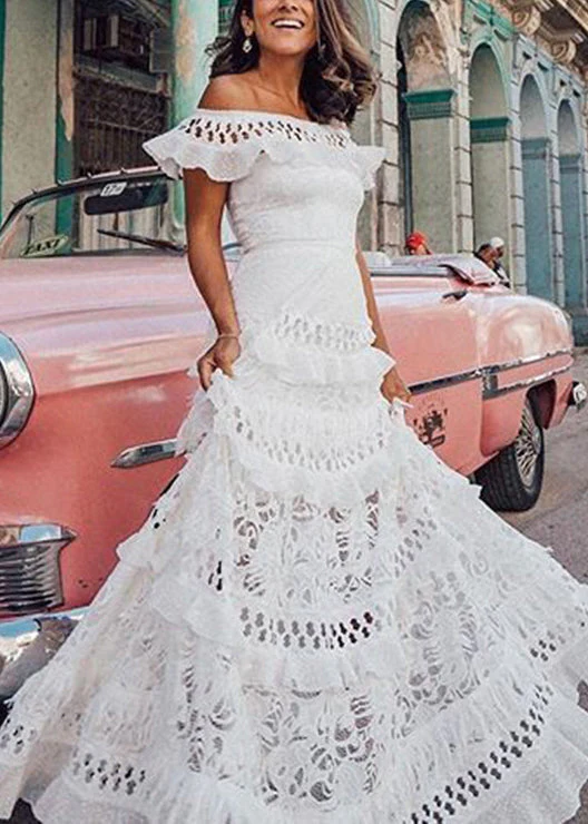 French White Ruffled Hollow Out Lace Maxi Dresses Summer - Image 4