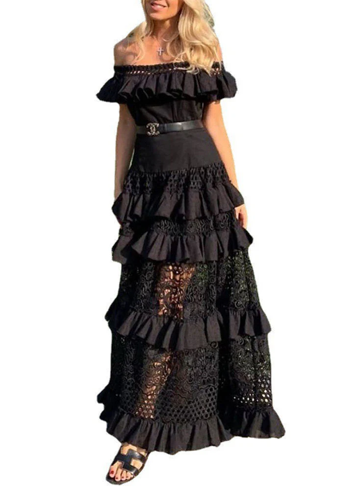 French White Ruffled Hollow Out Lace Maxi Dresses Summer - Image 5