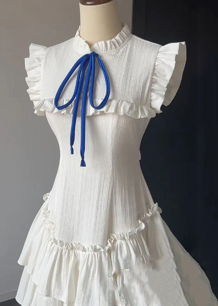French White Ruffled Lace Up Solid Cotton Dress Sleeveless - Image 3