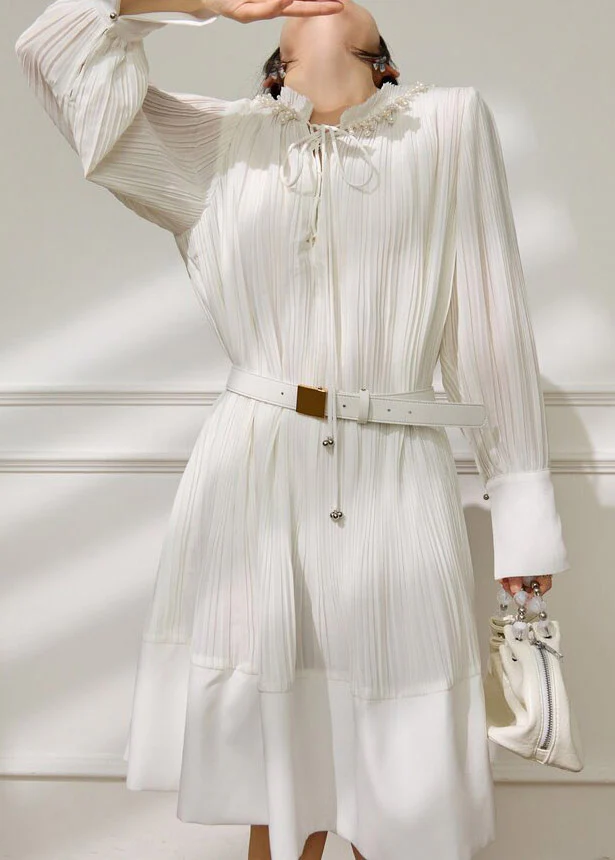 French White Stand Collar Pearl Sashe Long Dress Long Sleeve - Image 3