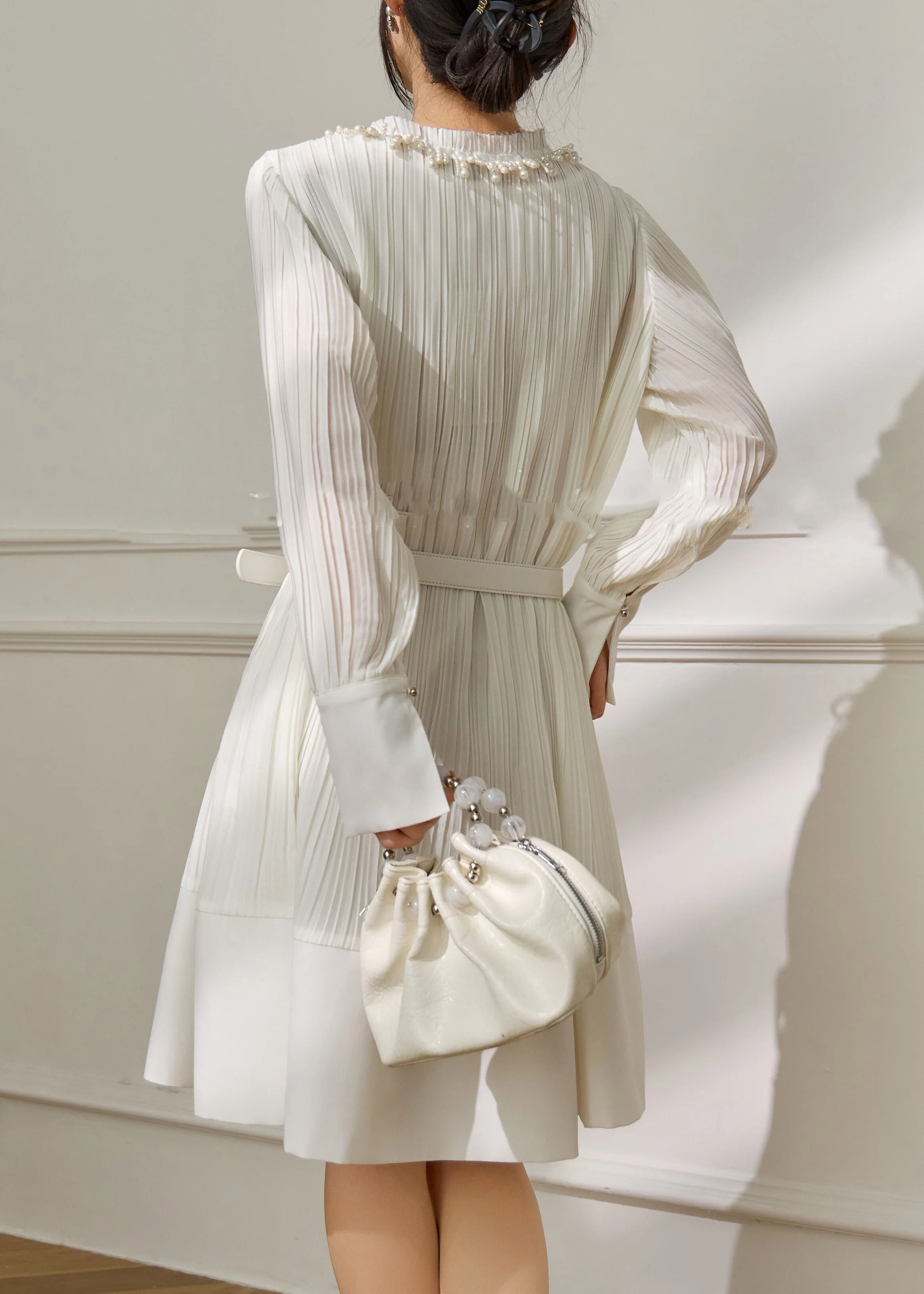 French White Stand Collar Pearl Sashe Long Dress Long Sleeve - Image 5