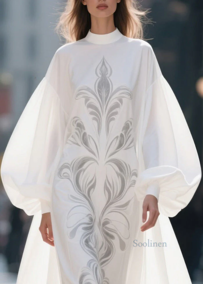 French White Stand Collar Print Chiffon Robe Dresses Lantern Sleeve - Image 2