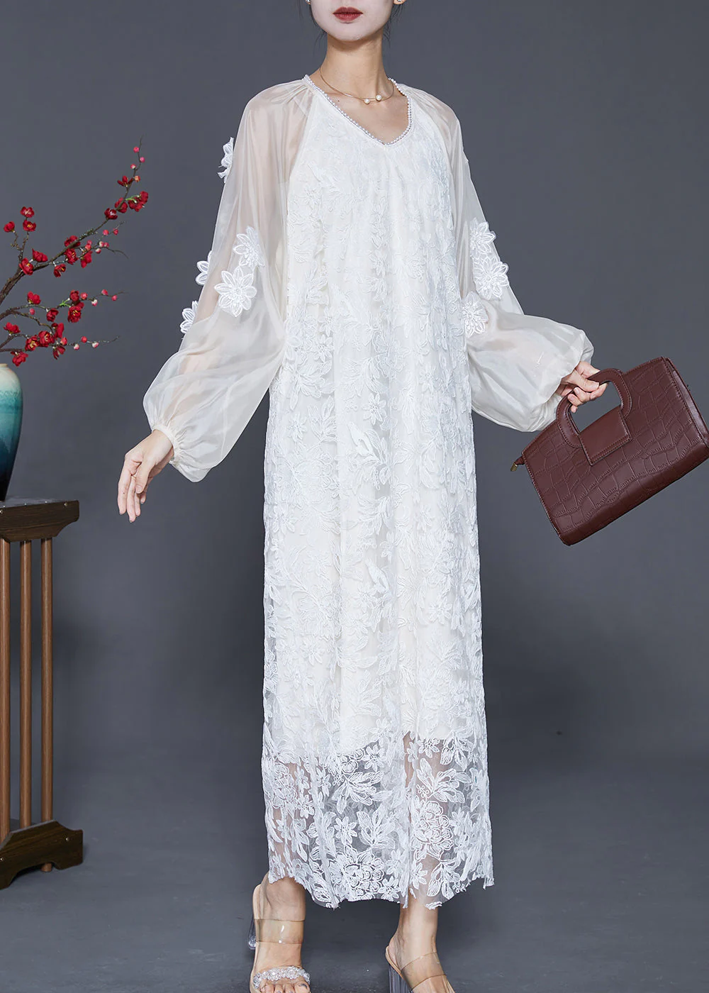 French White Stereoscopic Floral Lace Long Dresses Fall - Image 2
