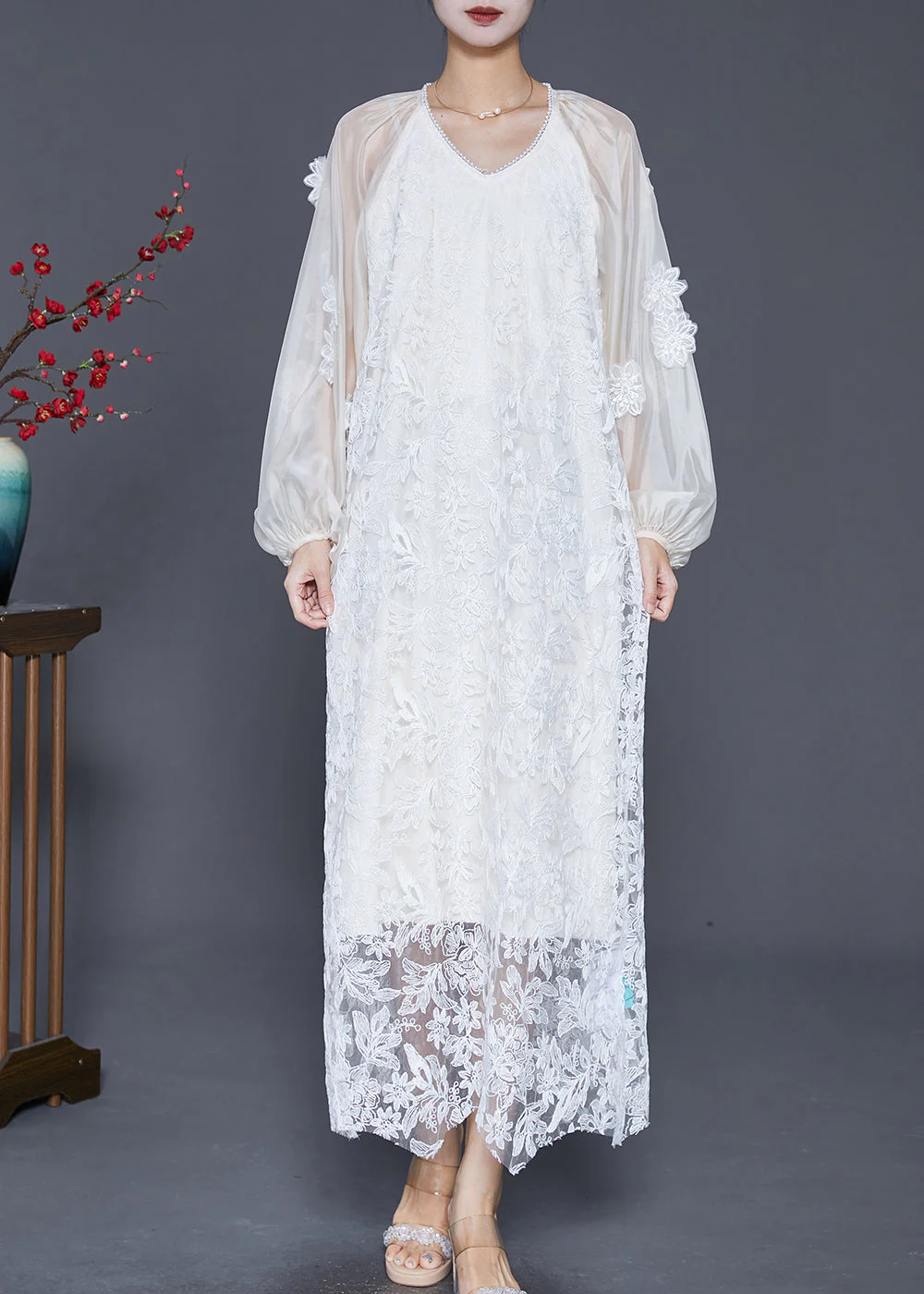 French White Stereoscopic Floral Lace Long Dresses Fall - Image 3