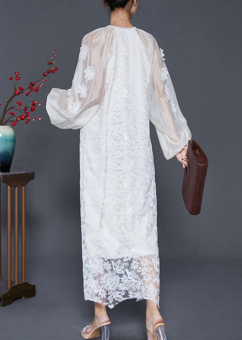 French White Stereoscopic Floral Lace Long Dresses Fall - Image 4
