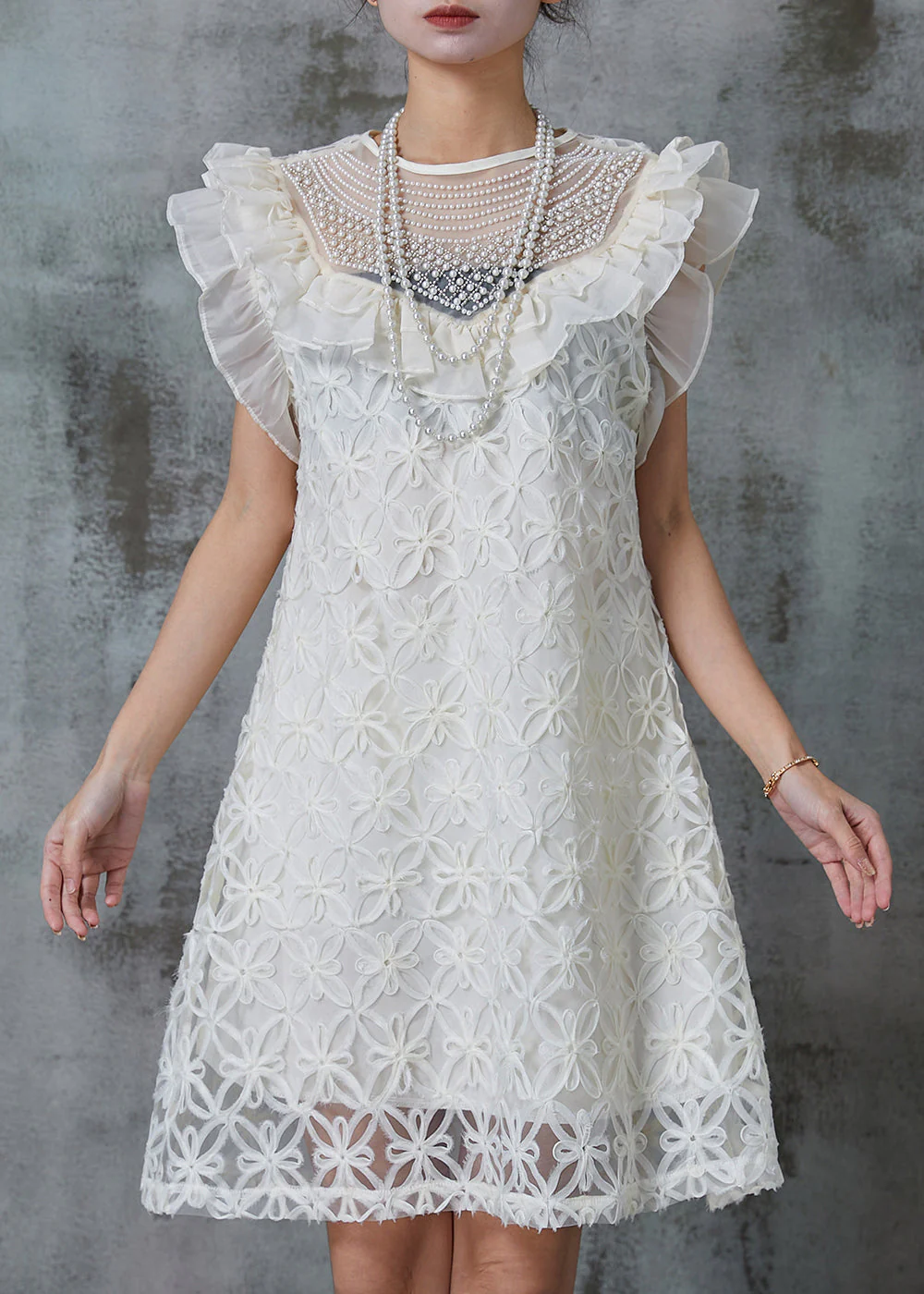French White Stereoscopic Floral Nail Bead Tulle Mid Dress Summer