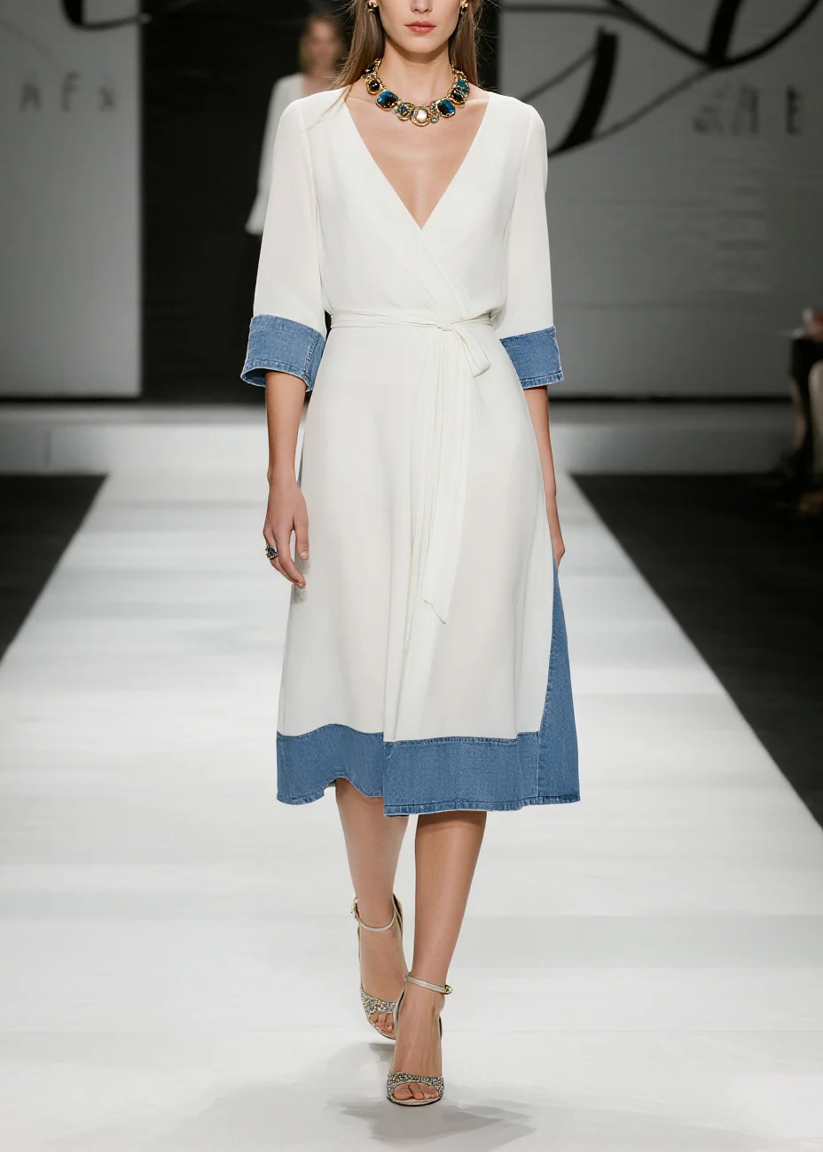 French White Tie Waist Denim Patchwork Chiffon Day Dress Summer