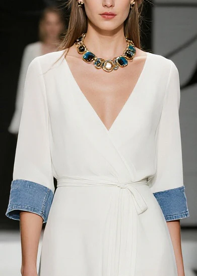 French White Tie Waist Denim Patchwork Chiffon Day Dress Summer - Image 2