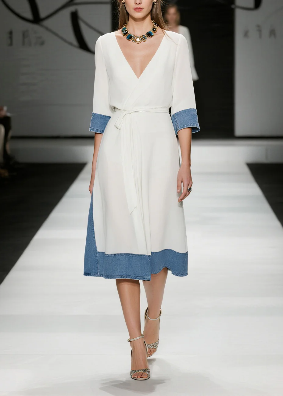 French White Tie Waist Denim Patchwork Chiffon Day Dress Summer - Image 3