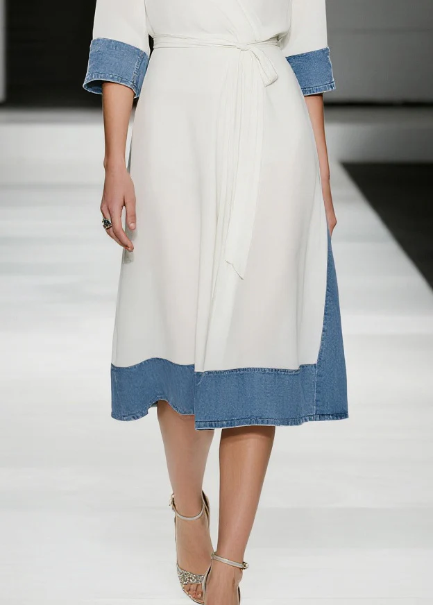 French White Tie Waist Denim Patchwork Chiffon Day Dress Summer - Image 4
