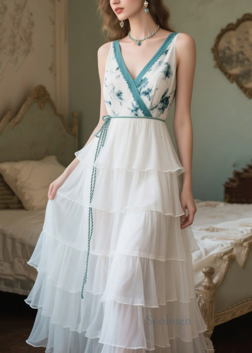 French White Tie Waist Print Chiffon Maxi Dresses Summer