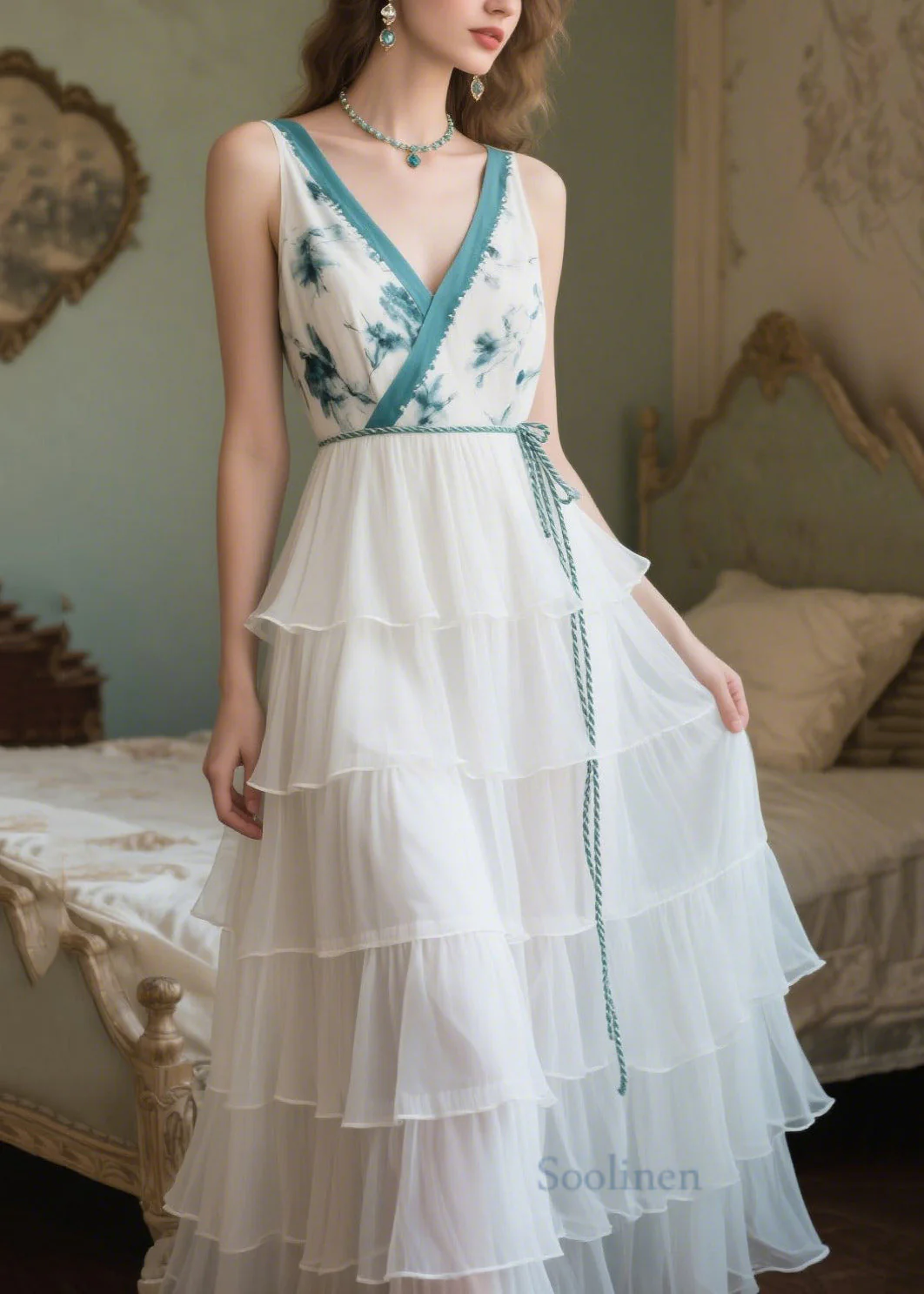 French White Tie Waist Print Chiffon Maxi Dresses Summer - Image 3