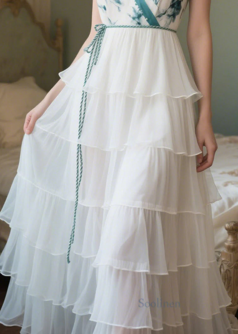 French White Tie Waist Print Chiffon Maxi Dresses Summer - Image 4