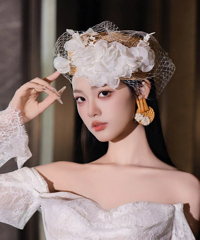 French White Tulle Multi-Layer Floral Pearl HairPiece - Image 3