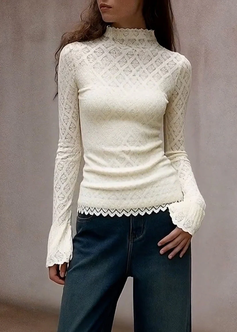 French White Turtleneck Solid Lace T Shirts Flare Sleeve - Image 2