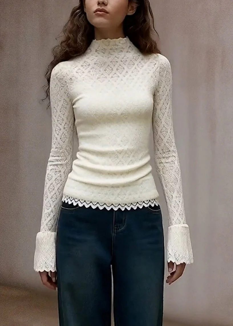French White Turtleneck Solid Lace T Shirts Flare Sleeve - Image 3