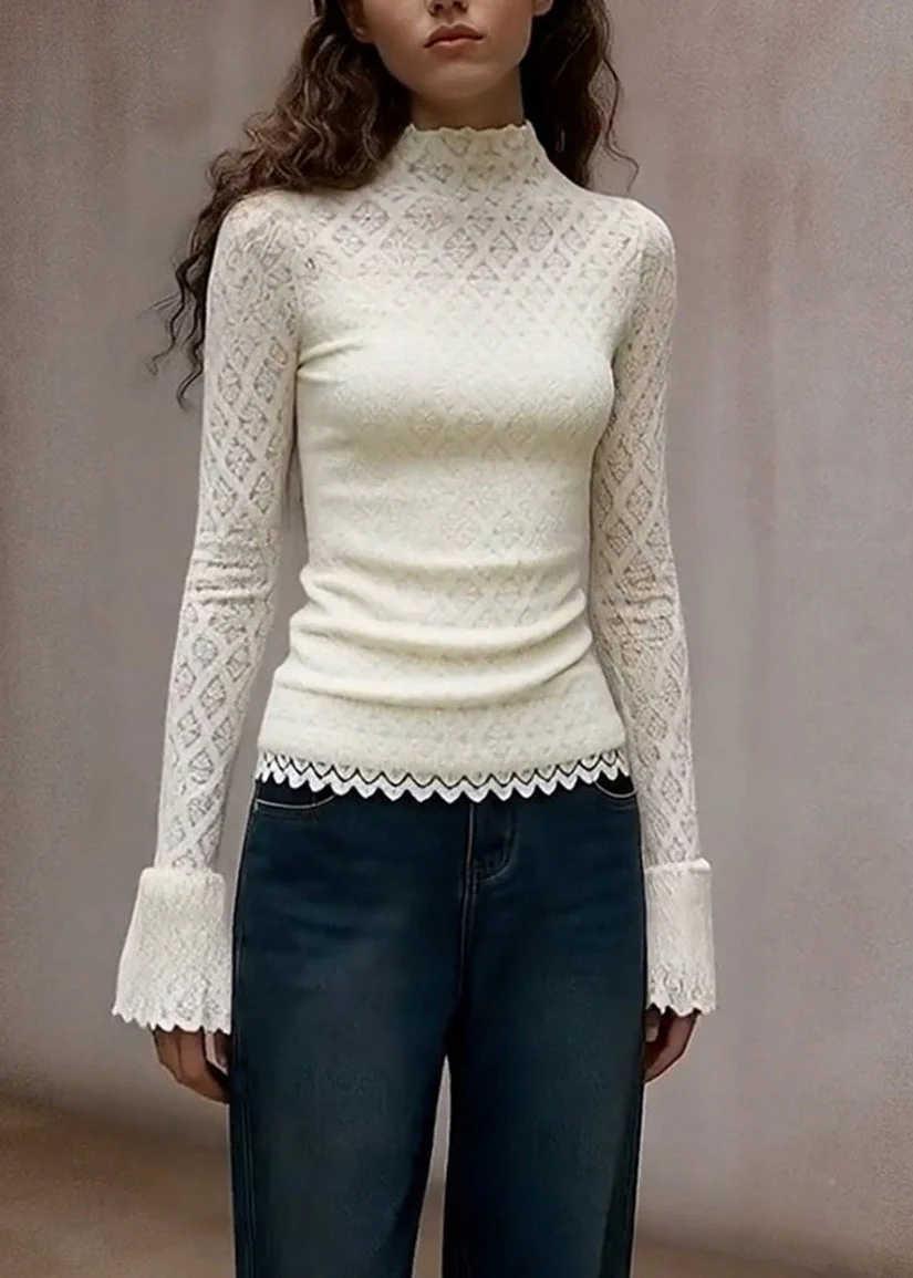 French White Turtleneck Solid Lace T Shirts Flare Sleeve - Image 4