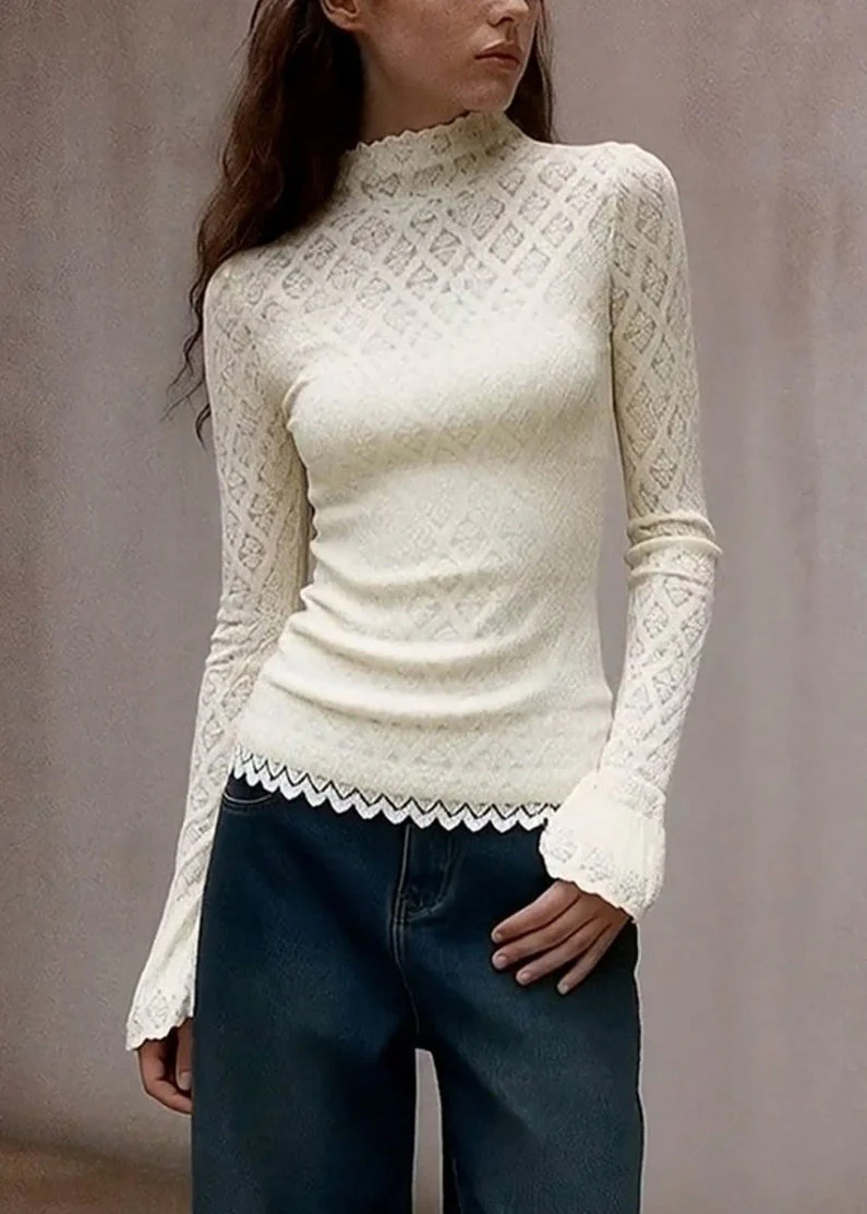 French White Turtleneck Solid Lace T Shirts Flare Sleeve - Image 5