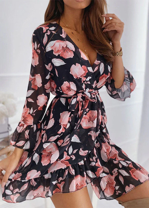 French White V Neck Asymmetrical Design Ruffles Print Chiffon Dress Bracelet Sleeve - Image 2