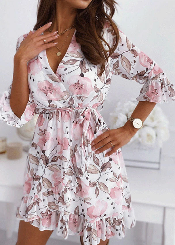 French White V Neck Asymmetrical Design Ruffles Print Chiffon Dress Bracelet Sleeve - Image 4