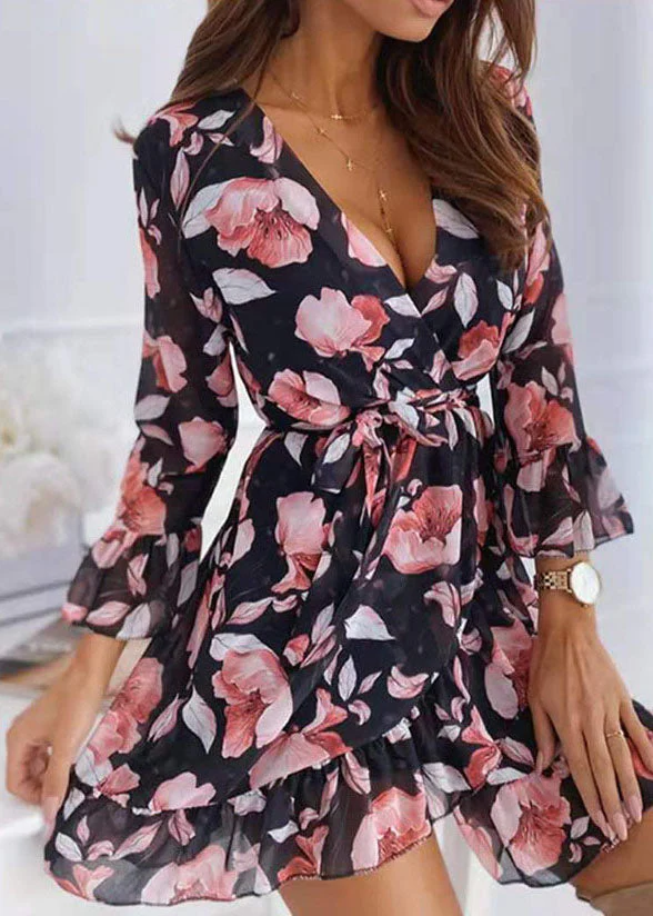 French White V Neck Asymmetrical Design Ruffles Print Chiffon Dress Bracelet Sleeve - Image 5