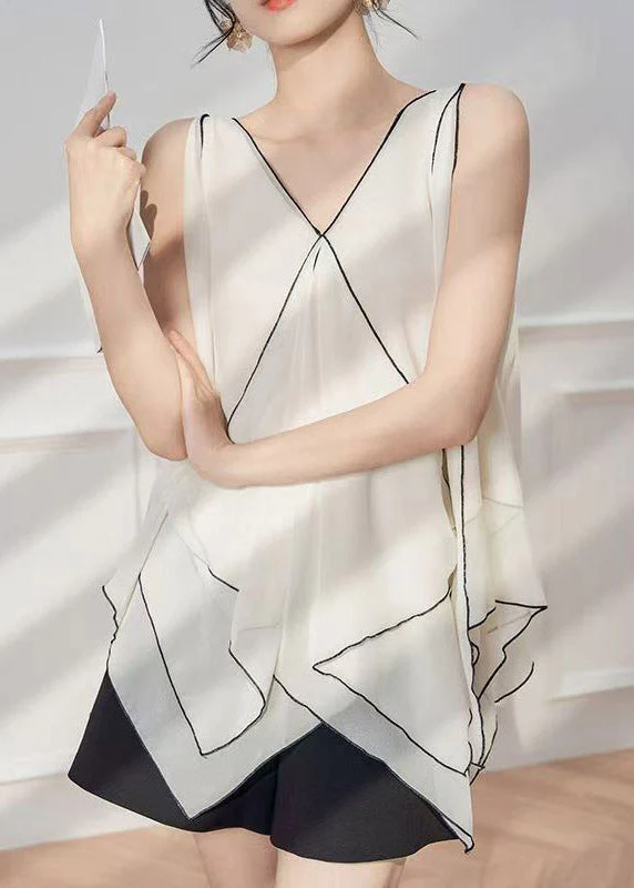 French White V Neck Asymmetrical Striped Chiffon Top Sleeveless - Image 2