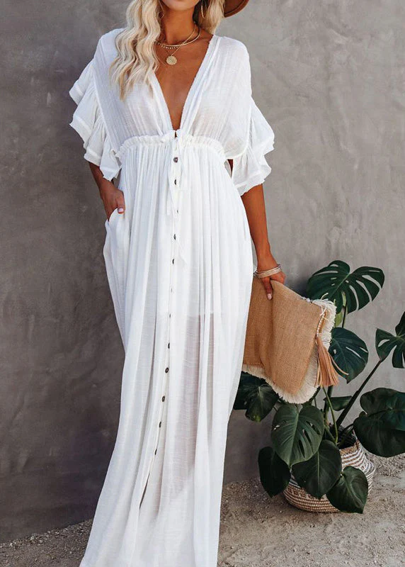 French White V Neck Button Maxi Dress Short Sleeve - Image 2