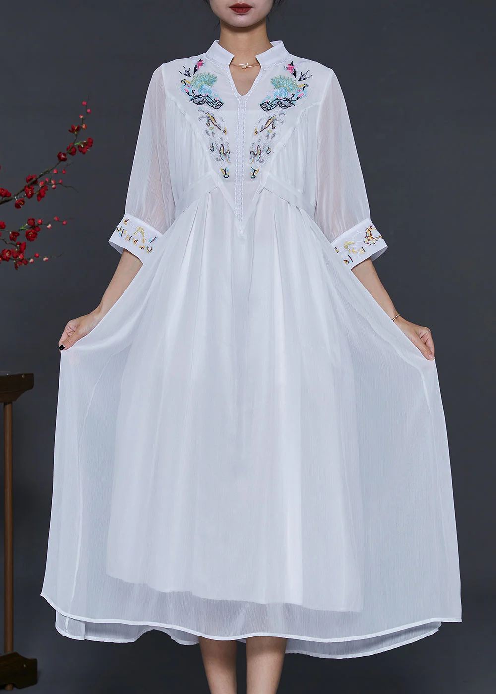 French White V Neck Embroidered Chiffon Dress Summer - Image 2