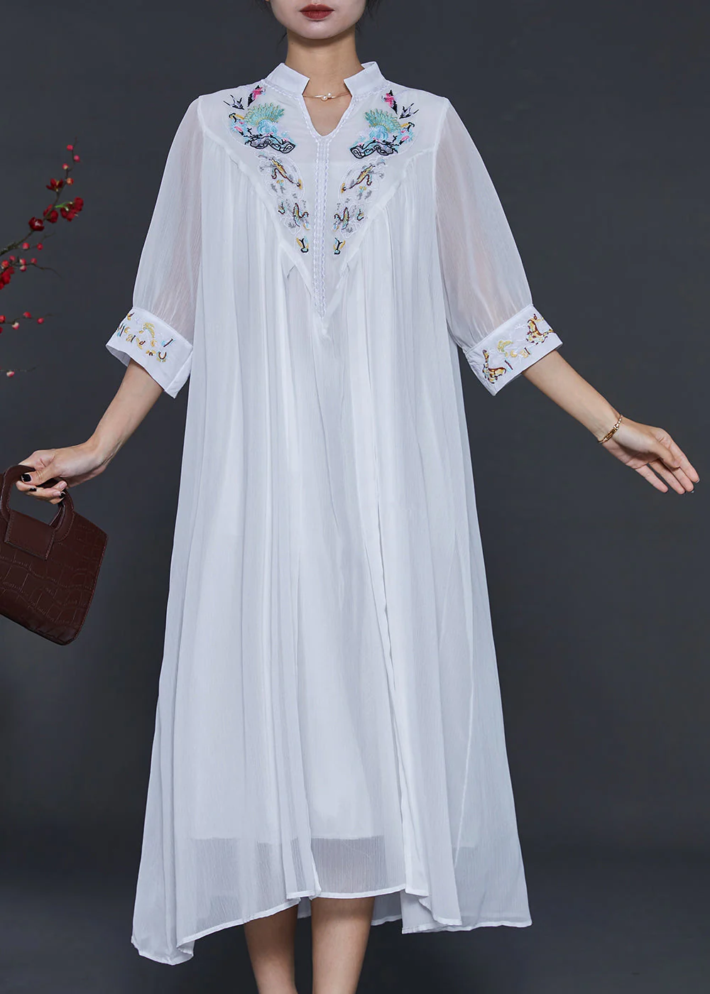 French White V Neck Embroidered Chiffon Dress Summer - Image 3