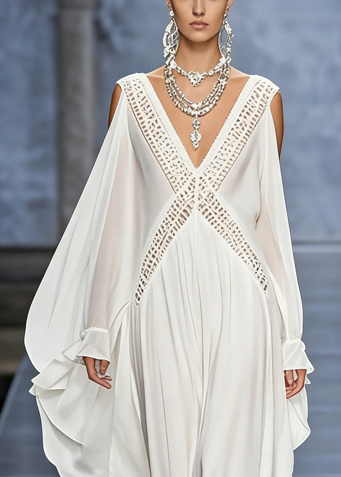 French White V Neck Hollow Out Chiffon Maxi Dresses Butterfly Sleeve - Image 2