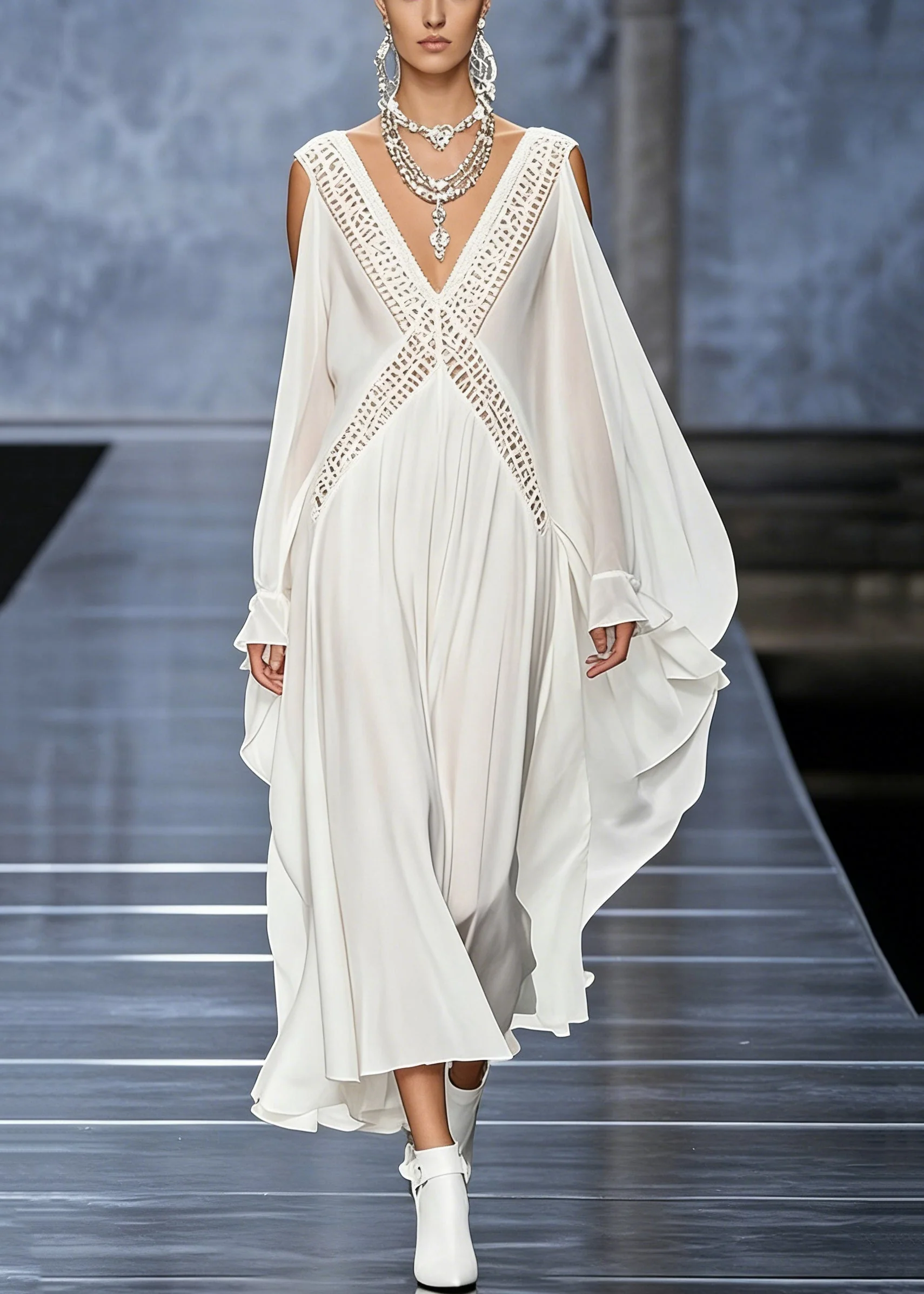 French White V Neck Hollow Out Chiffon Maxi Dresses Butterfly Sleeve - Image 3