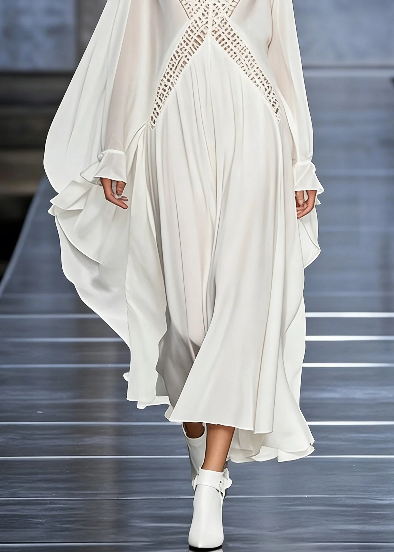 French White V Neck Hollow Out Chiffon Maxi Dresses Butterfly Sleeve - Image 4