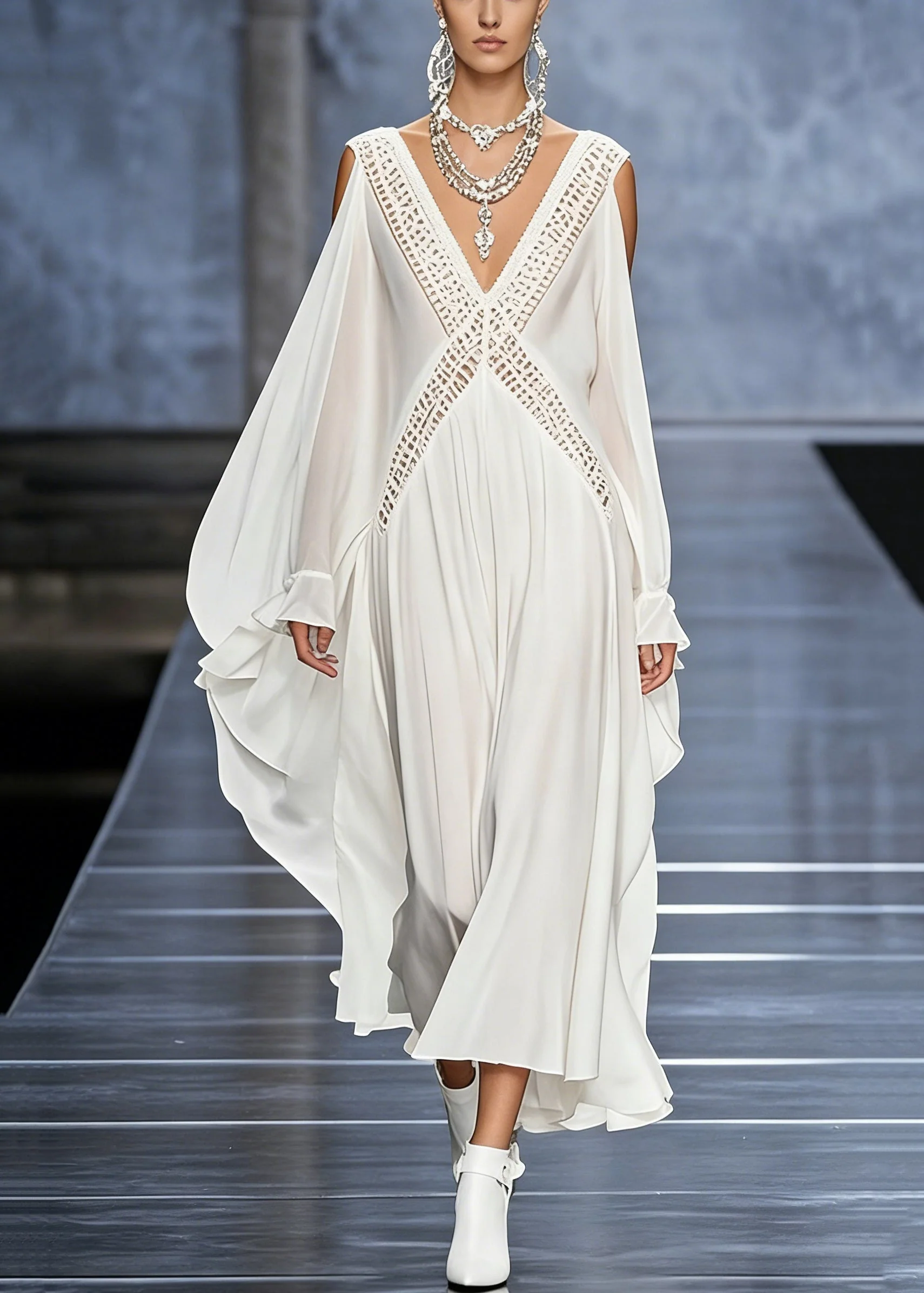 French White V Neck Hollow Out Chiffon Maxi Dresses Butterfly Sleeve - Image 5