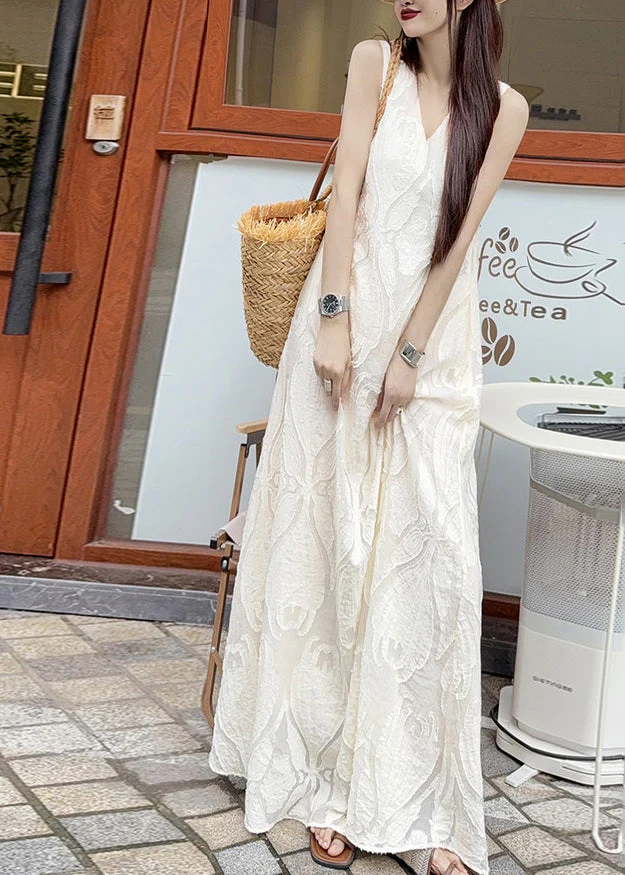 French White V Neck Jacquard Cotton Robe Dresses Sleeveless - Image 5
