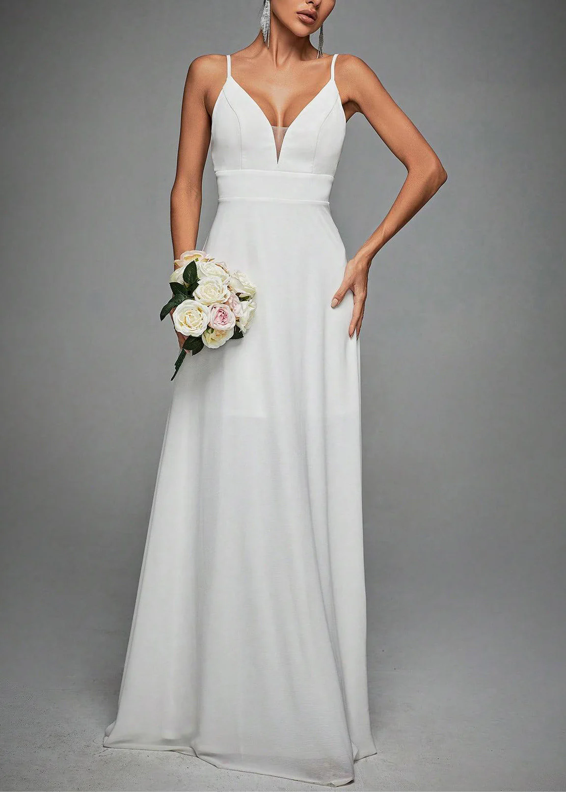 French White V Neck Lace High Waist Spaghetti Strap Dress Sleeveless
