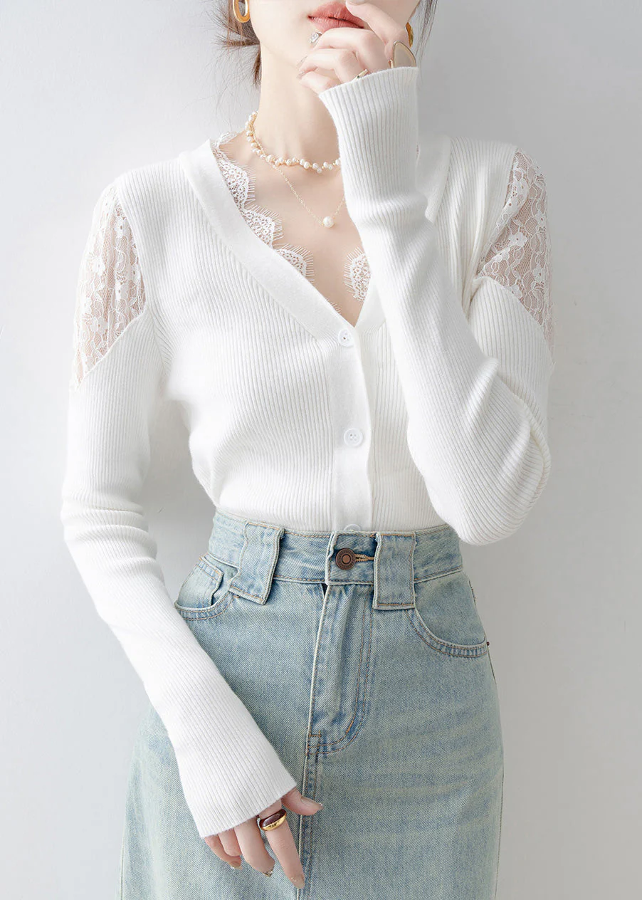 French White V Neck Lace Patchwork Knit Sweater Spring - Image 2