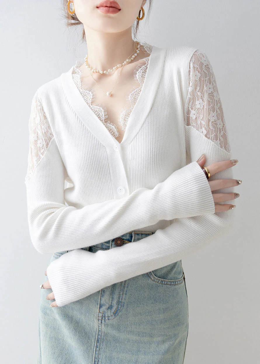 French White V Neck Lace Patchwork Knit Sweater Spring - Image 3