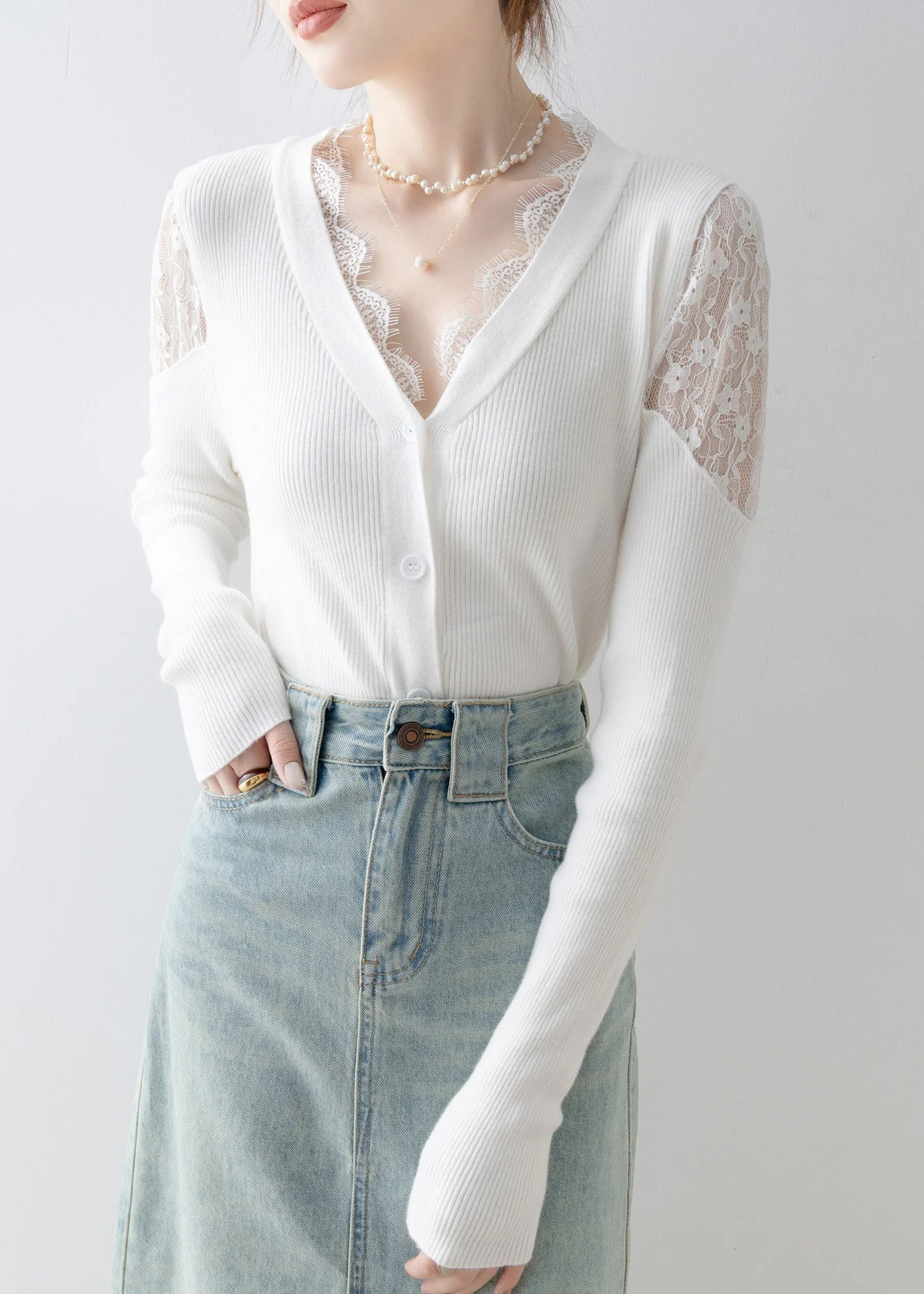 French White V Neck Lace Patchwork Knit Sweater Spring - Image 5